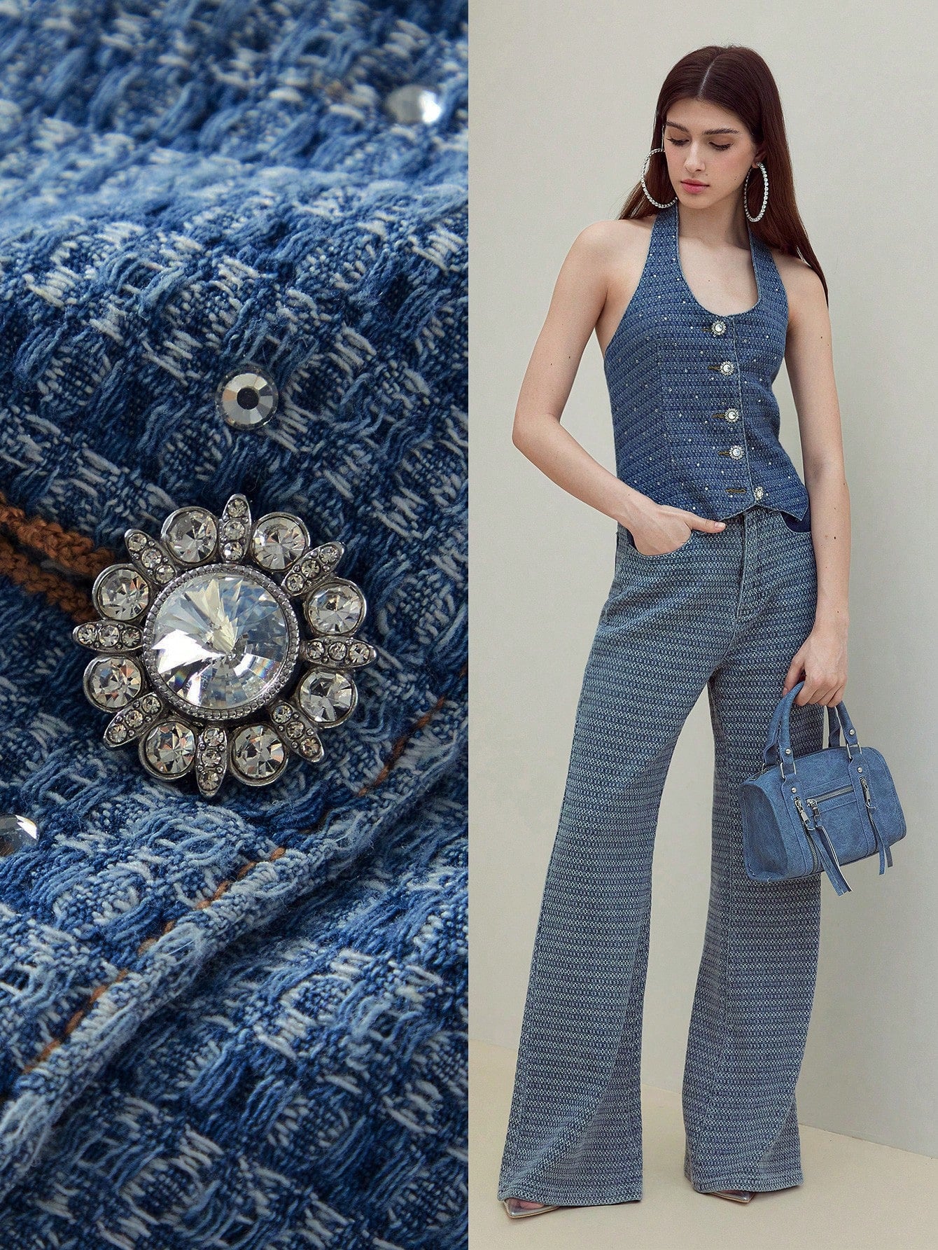 MOTF STUDIO Top de denim con escote de halter con strass