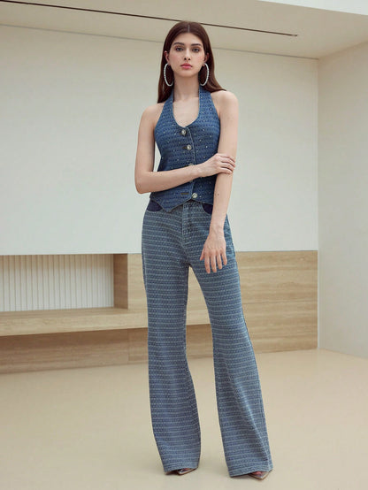 MOTF STUDIO Top de denim con escote de halter con strass