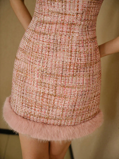 MOTF STUDIO VESTIDO CORTO CON BORDE DE PELO SUAVE EN CONTRASTE TWEED, ATUENDO PARA AÑO NUEVO
