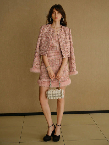 MOTF STUDIO VESTIDO CORTO CON BORDE DE PELO SUAVE EN CONTRASTE TWEED, ATUENDO PARA AÑO NUEVO