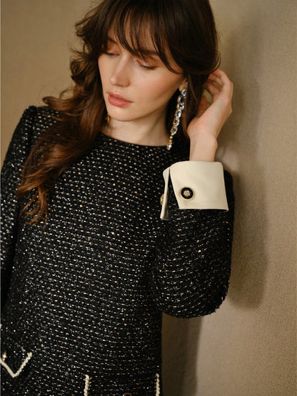 MOTF STUDIO Vestido midi con detalle de solapa y ribete de contraste en tweed, atuendo para Año Nuevo