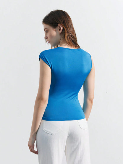SHEIN Maija Top de tanque arrugado con cuello asimétrico y diseño de hombros descubiertos en unicolor para mujer