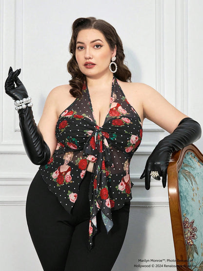 Marilyn Monroe X SHEIN Top de tirantes con estampado de puntos y rosa en talla grande para mujer, elegante y sexy para el verano