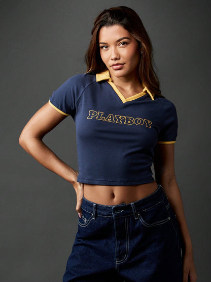 Missguided x Playboy Top corto acanalado de estilo retro, jersey deportivo universitario, estética Y2K de otoño e invierno de manga corta y ajustado