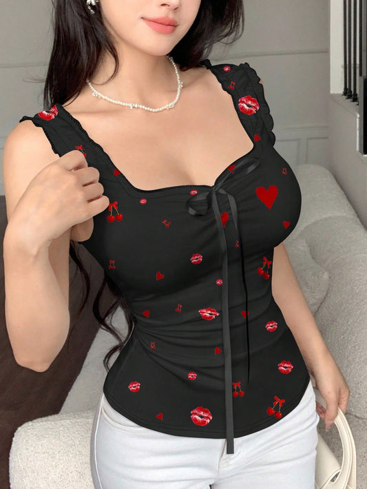 Modelyn Body de diseño con lazo y estampado de labios y corazones de cereza en color negro, adecuado para uso diario