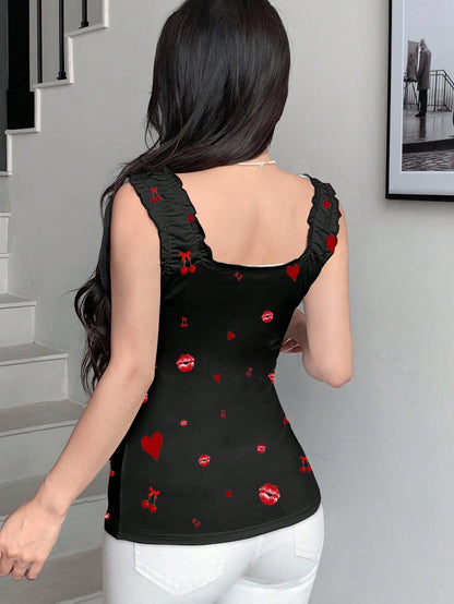 Modelyn Body de diseño con lazo y estampado de labios y corazones de cereza en color negro, adecuado para uso diario