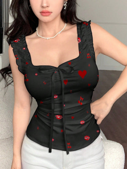 Modelyn Body de diseño con lazo y estampado de labios y corazones de cereza en color negro, adecuado para uso diario