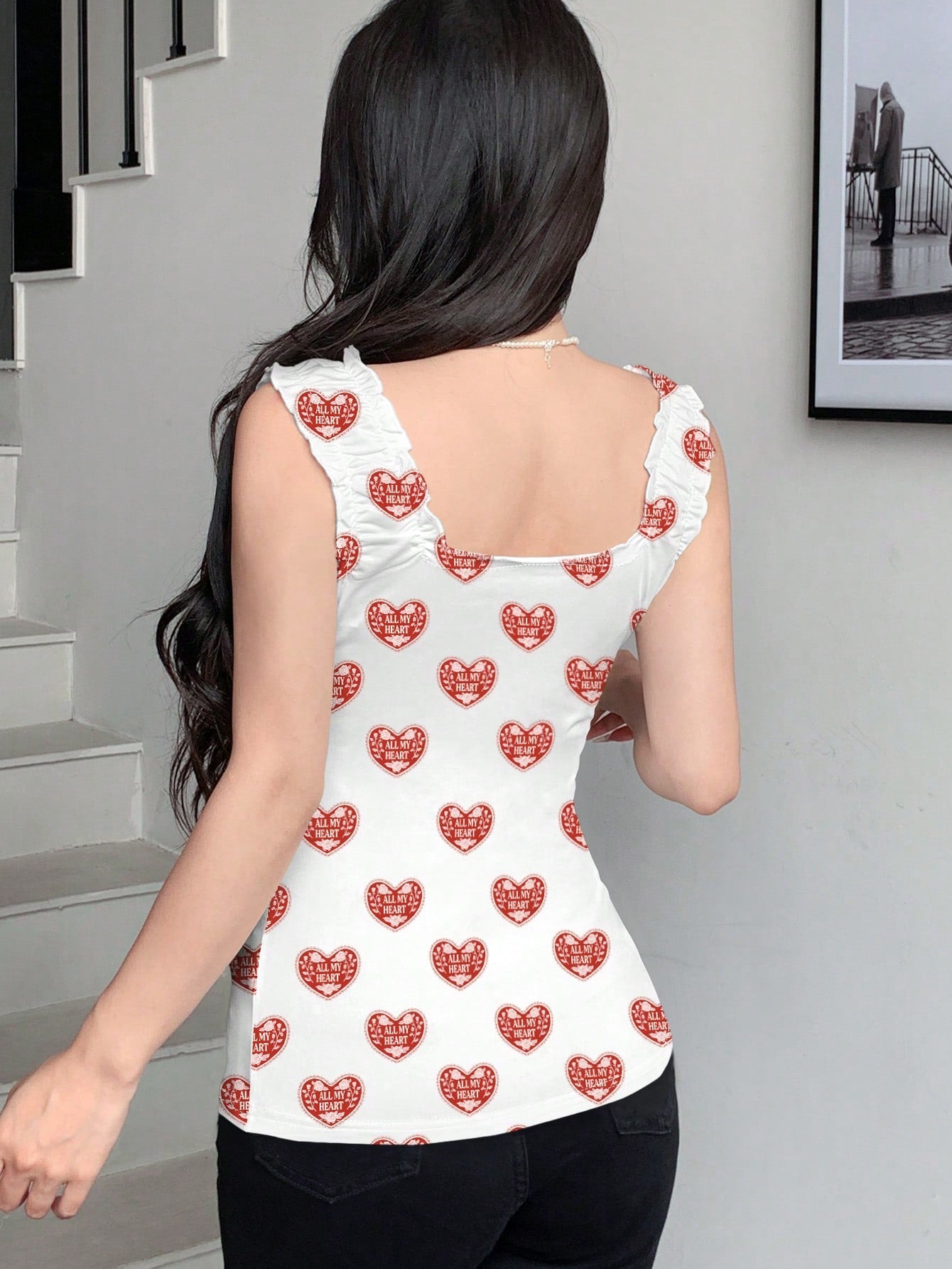 Modelyn Camiseta de mujer con estampado digital de flor de rosa, corazón y lazo con texto "Te amo de todo corazón"