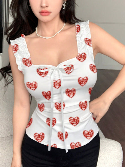 Modelyn Camiseta de mujer con estampado digital de flor de rosa, corazón y lazo con texto "Te amo de todo corazón"