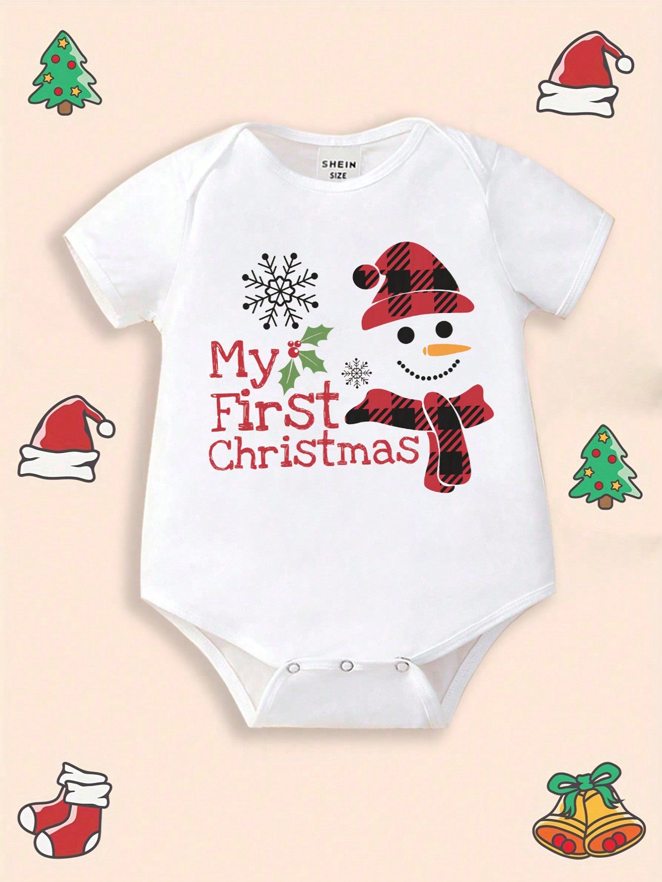 Mono de manga corta con estampado de muñeco de nieve, sombrero y bufanda a cuadros, estilo casual y lindo para niño, adecuado para fiesta de Navidad