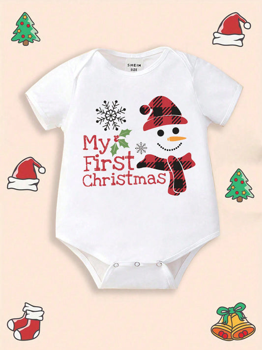Mono de manga corta con estampado de muñeco de nieve, sombrero y bufanda a cuadros, estilo casual y lindo para niño, adecuado para fiesta de Navidad