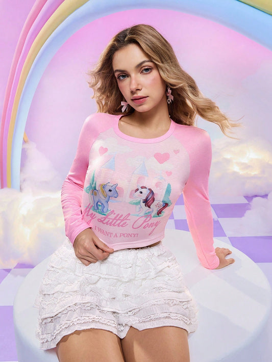 My Little Pony X SHEIN Camiseta de manga larga con cuello redondo ajustada con estampado de dibujos animados y corazones para mujer, crop tops con estampados, crop tops de estilo fairycore