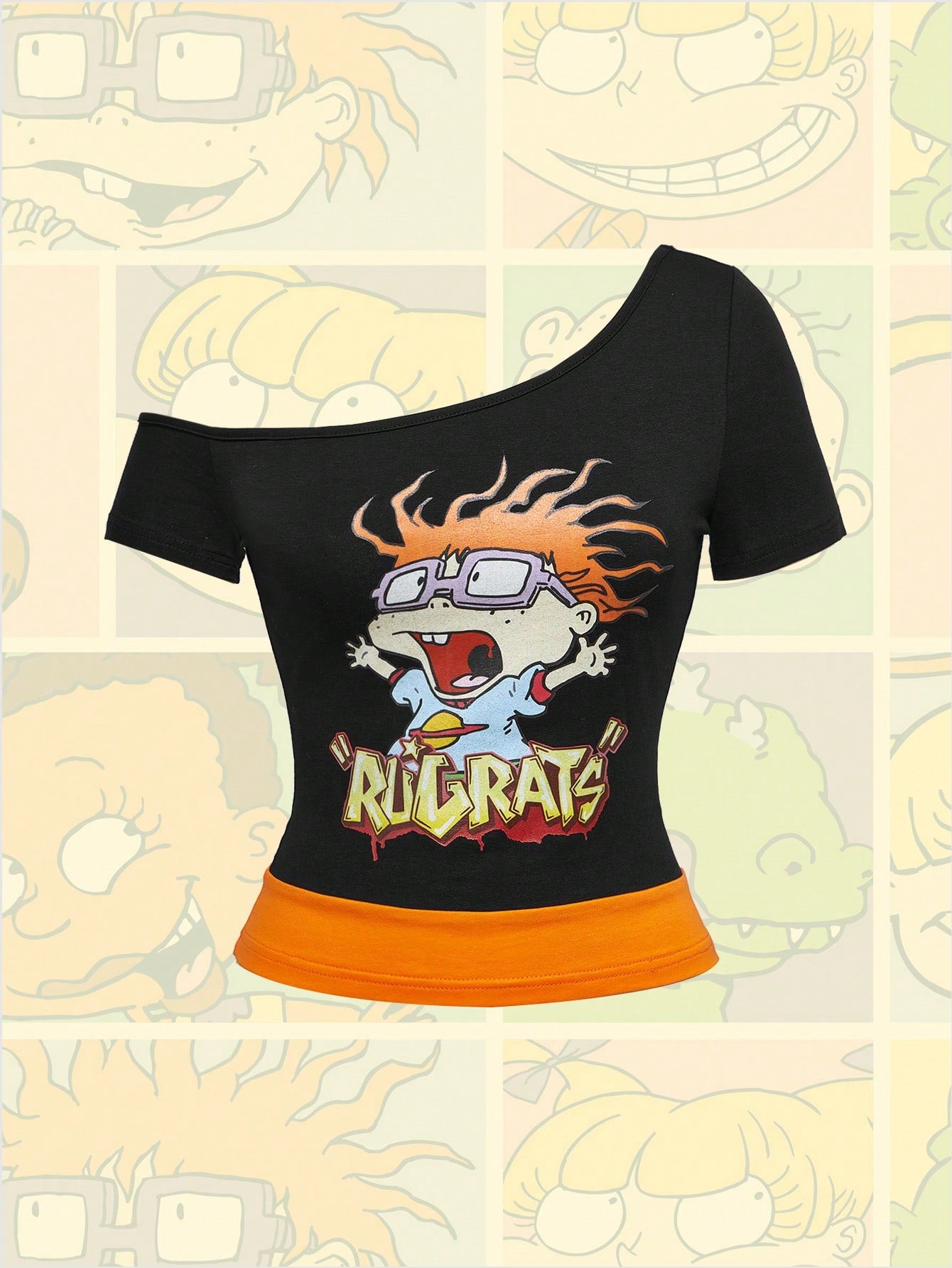 Nick 90's X ROMWE Camiseta de mujer con estampado de dibujos animados estadounidenses vintage de hombros oblicuos
