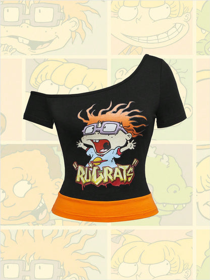 Nick 90's X ROMWE Camiseta de mujer con estampado de dibujos animados estadounidenses vintage de hombros oblicuos