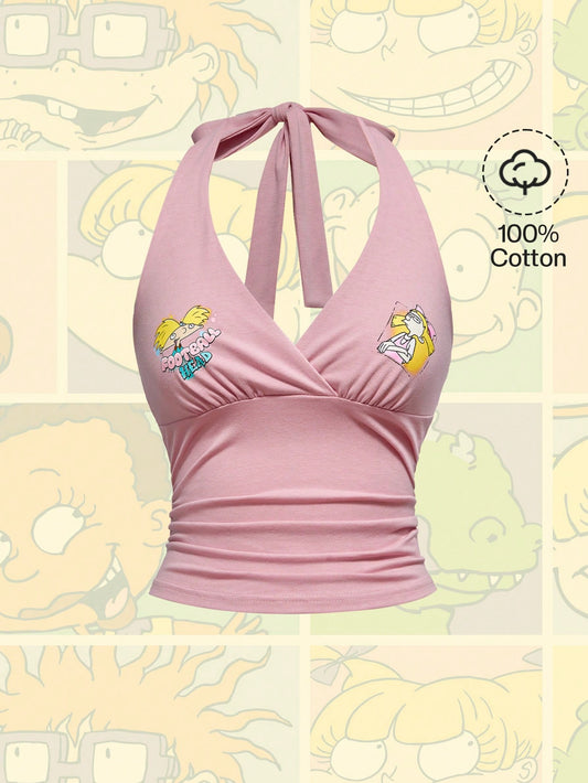 Nick 90's X ROMWE Top holgada de verano de mujer con patrón de dibujos animados rosa y fruncido en el cuello