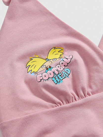 Nick 90's X ROMWE Top holgada de verano de mujer con patrón de dibujos animados rosa y fruncido en el cuello