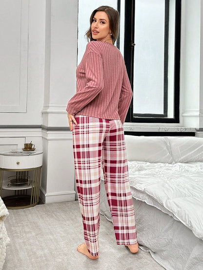 2 piezas/Set de pijama con cuello en V de satén de color contrastante y pantalones a cuadros
