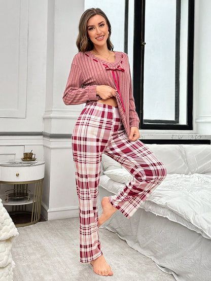 2 piezas/Set de pijama con cuello en V de satén de color contrastante y pantalones a cuadros