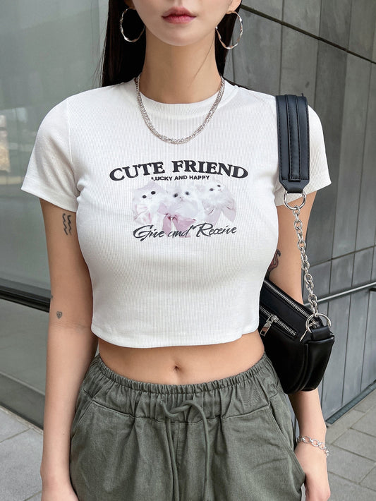 DAZY Camiseta corta con gráfico de gato y eslogan AMIGO LINDO, AFORTUNADO Y FELIZ, dar y recibir