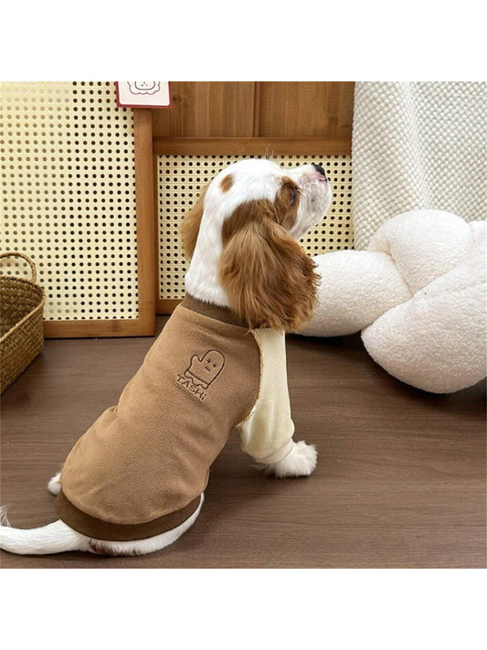 1 pieza Ropa para mascotas de color café con cuello redondo y mangas raglan para perros y gatos pequeños/medianos, otoño/invierno