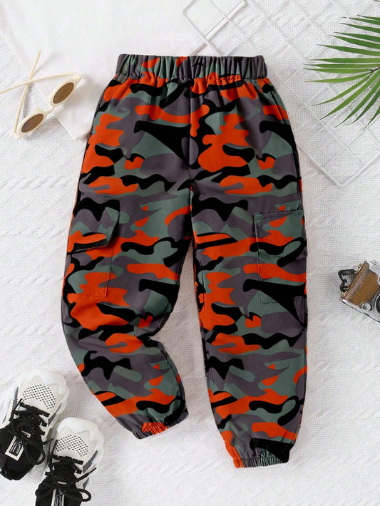 SHEIN Pantalones jogger informales con cintura con cordón y estampado de camuflaje para niña joven, temporada de otoño