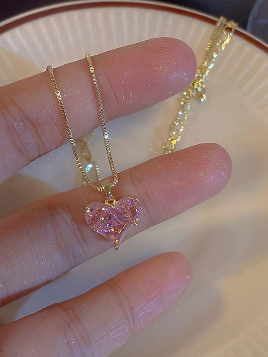 1 pieza Collar en forma de corazón súper brillante de cristal de vidrio rosa, colgante de corazón de moda y lujo ligero