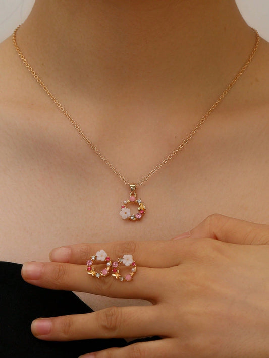 1 set: 1 pieza de aretes con flores + 1 pieza de collar - Conjunto de 3 piezas de aretes, colgante y collar de flores simples para mujer, adecuado para ocasiones casuales diarias y de citas