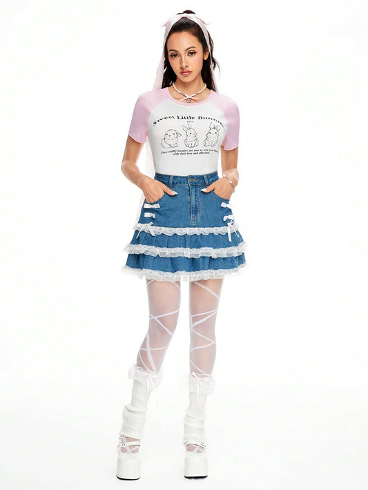 ROMWE Kawaii Camiseta de mujer con cuello redondo y mangas cortas, estampado de conejo, para verano, escuela