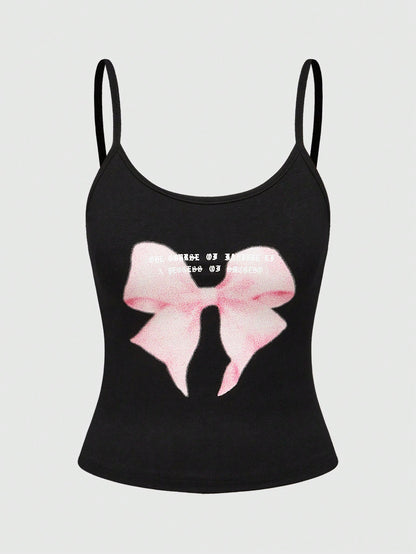 ROMWE Kawaii Top de tirantes con lazo y estampado de consigna de verano