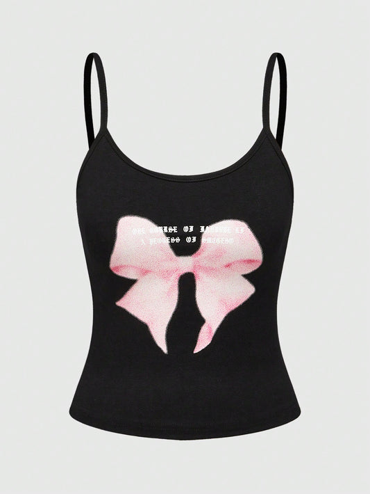 ROMWE Kawaii Top de tirantes con lazo y estampado de consigna de verano