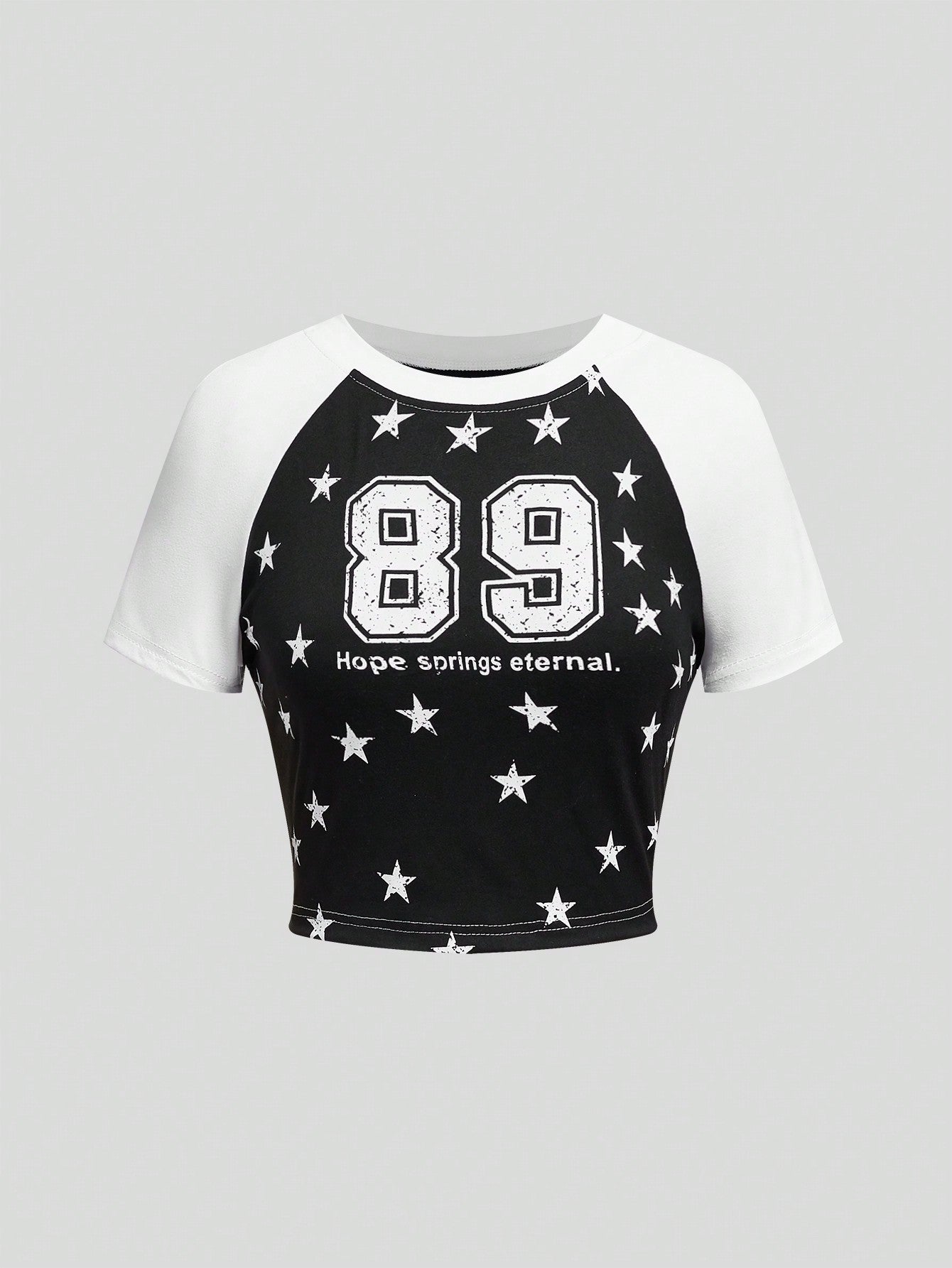 ROMWE Grunge Punk Camiseta Con Estampado De Estrellas Y Números Digitales, Bloques De Color, Manga Raglán