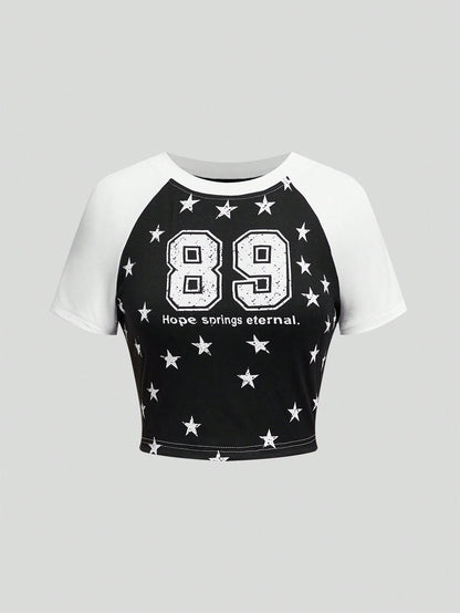 ROMWE Grunge Punk Camiseta Con Estampado De Estrellas Y Números Digitales, Bloques De Color, Manga Raglán