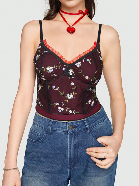 Sweetness Top Tank Doble Capa Bordado Floral Retro Para Mujer