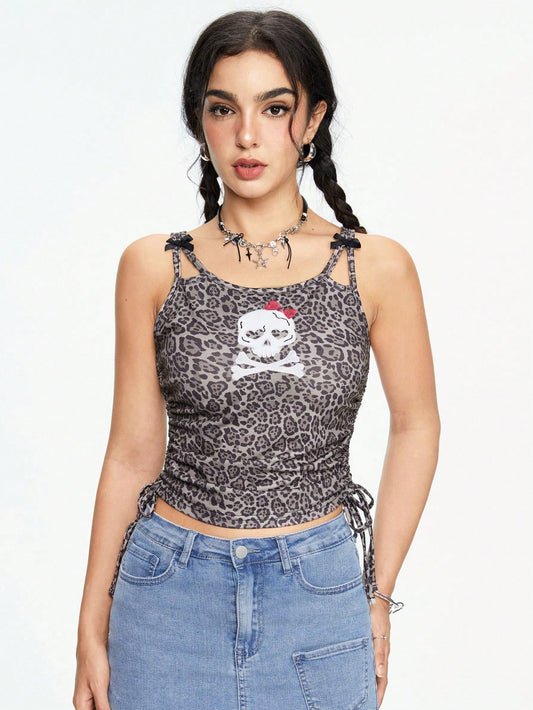 ROMWE Kawaii Top de cuello redondo para mujer con estampado de leopardo de verano Y2K y bordado de cráneo con lazo