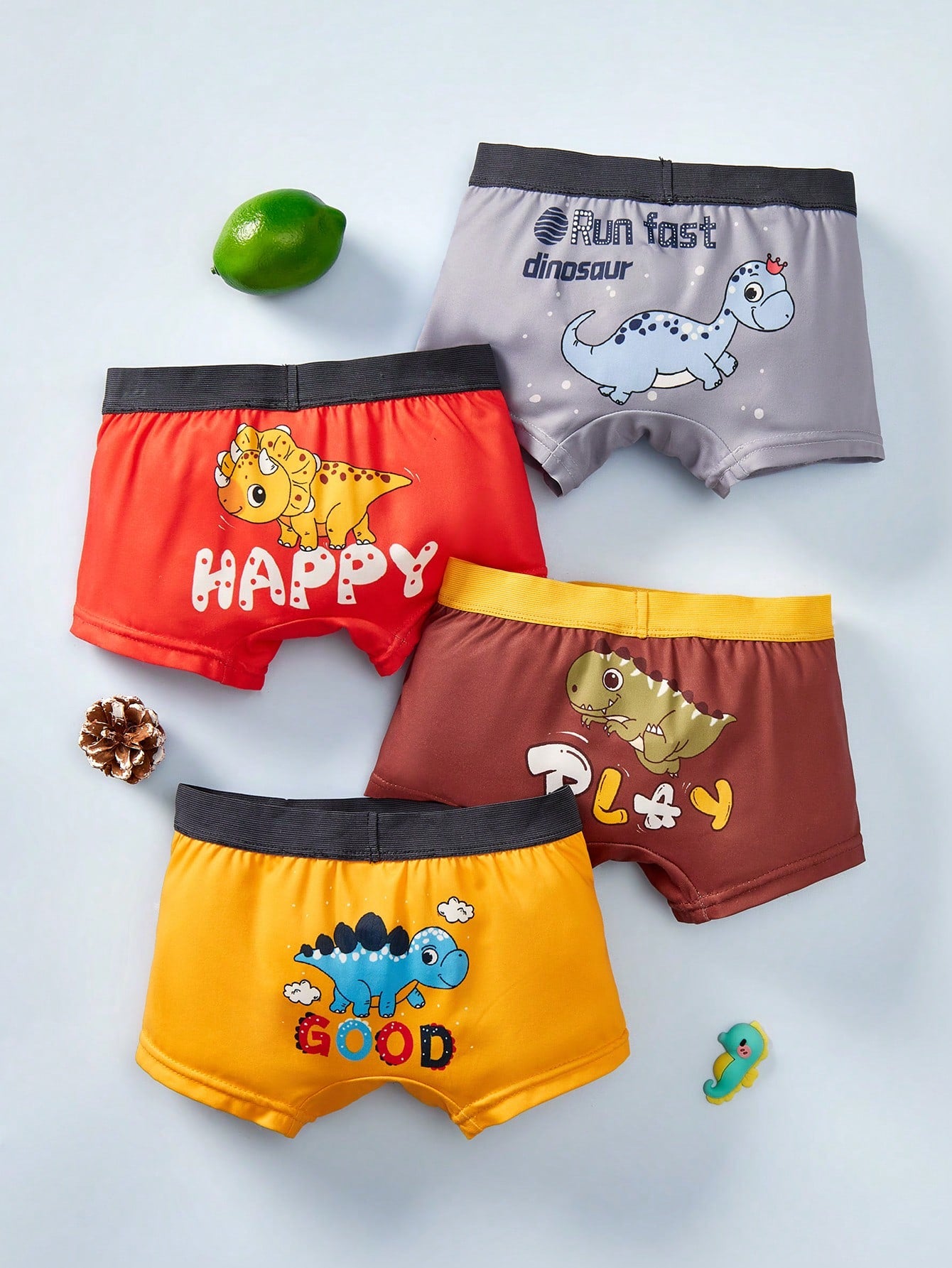 SHEIN 4 piezas/paquete Bóxer transpirable y cómodo con cintura elástica con estampado de dinosaurio y letras para niños pequeños