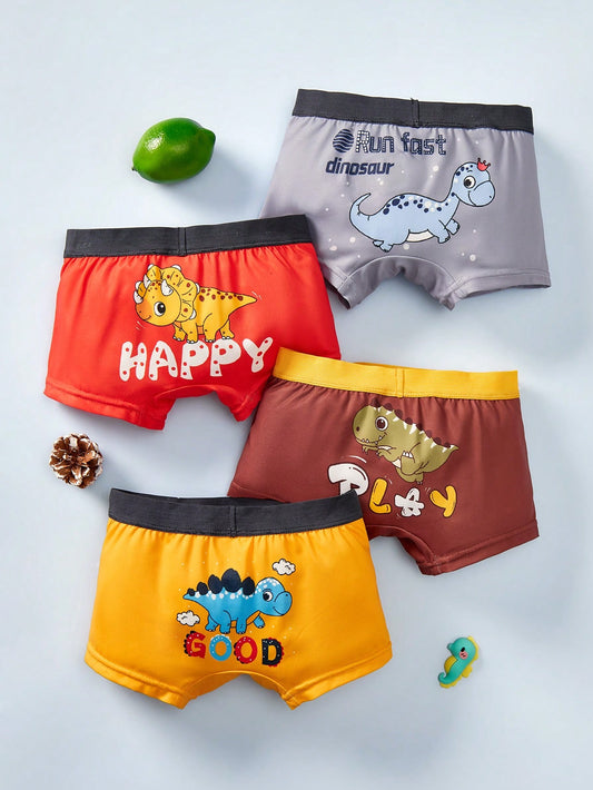 SHEIN 4 piezas/paquete Bóxer transpirable y cómodo con cintura elástica con estampado de dinosaurio y letras para niños pequeños