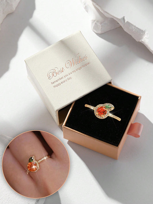 Anillo de oro con decoración de diamantes cúbicos de circonio y manzana en forma de caja de regalo, adecuado para uso diario de las mujeres y como regalo