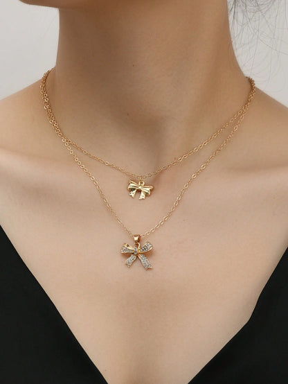 1 pieza Collar de múltiples capas con lazo y rhinestones para mujer, joyería con colgante de moda, adecuado para uso casual, de fiesta y diario