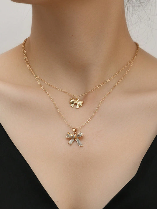 1 pieza Collar de múltiples capas con lazo y rhinestones para mujer, joyería con colgante de moda, adecuado para uso casual, de fiesta y diario