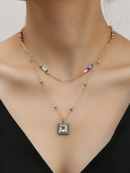 1 pieza Collar con colgante de cubo con incrustaciones de diamantes y cuentas de colores, adecuado para uso casual y de fiesta de mujeres