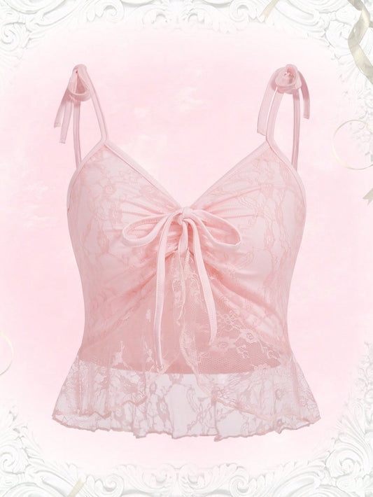 ROMWE Kawaii Top de tiras con hombros con lazo en contraste, escolar