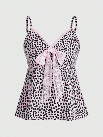 ROMWE J-Fashion Camiseta Sin Mangas Con Lazo Y Estampado De Corazones Para Mujer