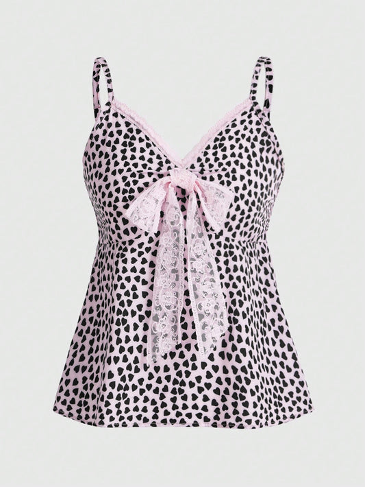 ROMWE J-Fashion Camiseta Sin Mangas Con Lazo Y Estampado De Corazones Para Mujer