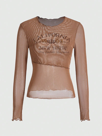 ROMWE Grunge Punk Top De Malla Transparente Con Estampado De Letras Para Vestimenta Informal Y Actividades Al Aire Libre