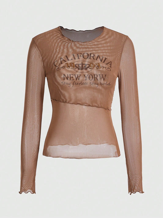 ROMWE Grunge Punk Top De Malla Transparente Con Estampado De Letras Para Vestimenta Informal Y Actividades Al Aire Libre