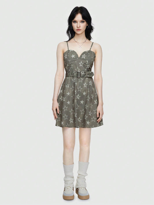 ROMWE Grunge Punk Vestido Camisola Con Diseño De Cinturón Y Estampado De Estrellas Estilo Exterior