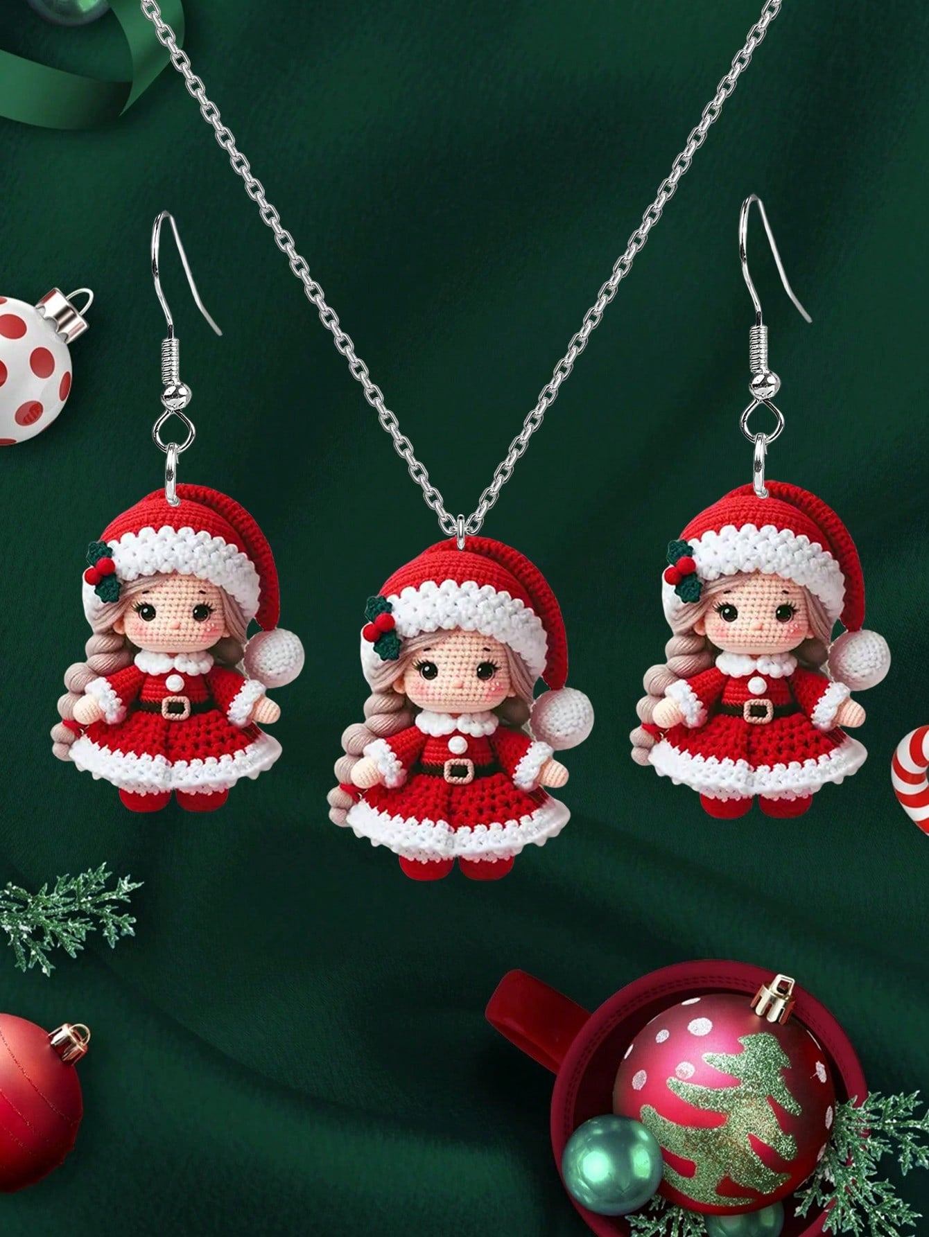 Conjunto de 3 aretes y collares con impresión de muñecos de Navidad de dibujos animados, joyería navideña, regalos para mujeres, decoraciones únicas para eventos navideños y regalos de Navidad