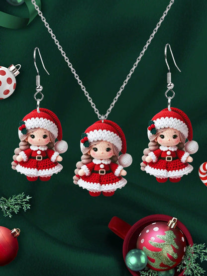 Conjunto de 3 aretes y collares con impresión de muñecos de Navidad de dibujos animados, joyería navideña, regalos para mujeres, decoraciones únicas para eventos navideños y regalos de Navidad