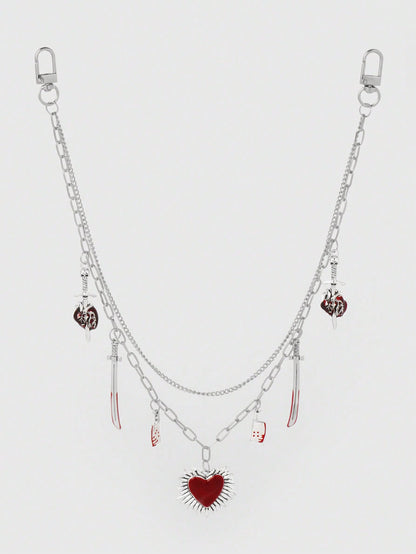 ROMWE Kawaii 1 pieza Cadena para la cintura con estilo gótico de moda, colgante de corazón perforado con calavera, espada y corazón rojo, plateado, adecuado para uso diario de mujeres y niñas, regalo festivo