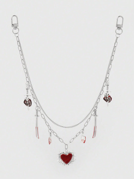 ROMWE Kawaii 1 pieza Cadena para la cintura con estilo gótico de moda, colgante de corazón perforado con calavera, espada y corazón rojo, plateado, adecuado para uso diario de mujeres y niñas, regalo festivo